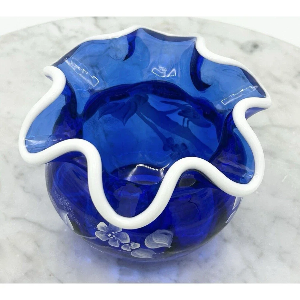 Fenton Cobalt Blue Snow Crest Rose Bowl Birds & Flowers Signed & Handpainted
